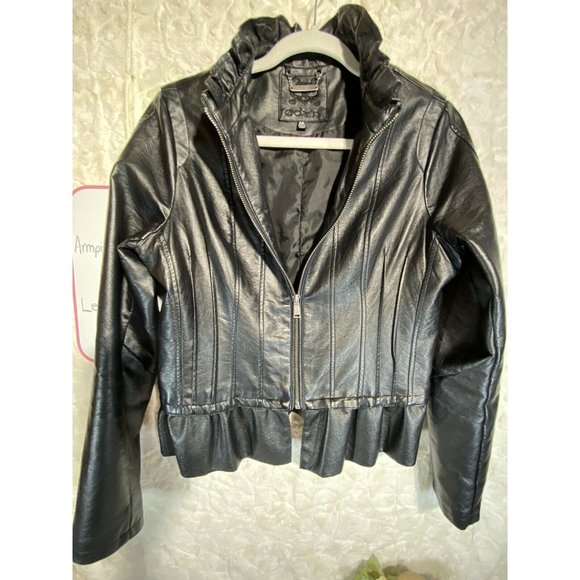 Odyn Women Black Faux Leather Jacket Ruffled szM - Picture 6 of 10